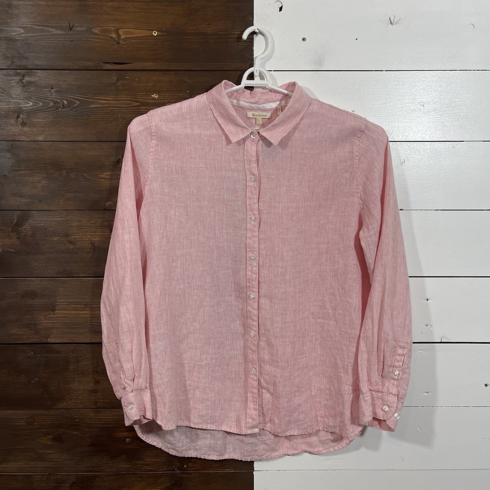 Barbour Womens‎ 12 Pink Marine Stripe Linen Button Up Shirt Top Blouse